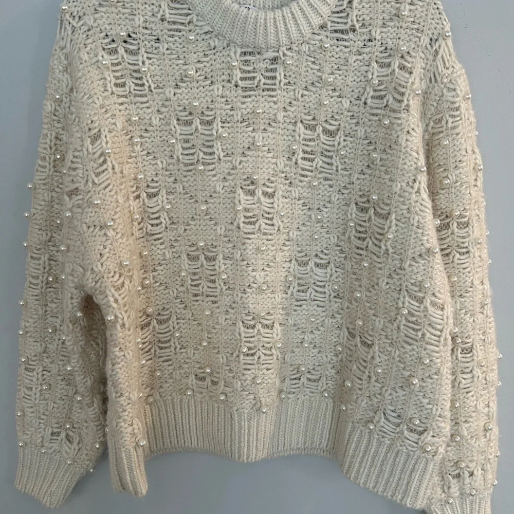 Zara Cream Sweater with Pearl Accents - Picture 1 of 5